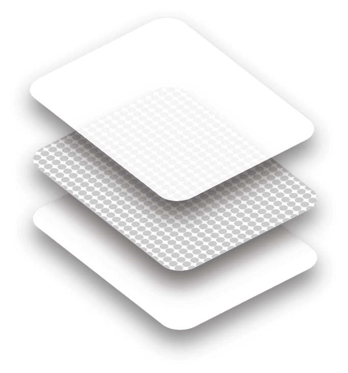 Illustration depicting 3 layers of the patch: outside backing; adhesive with medicine; protective liner